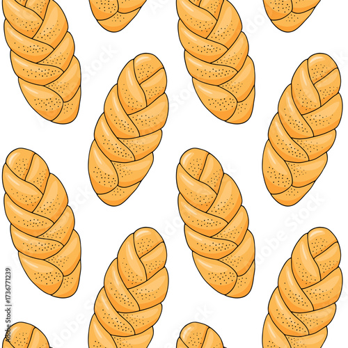 Braided bun with poppy seeds, vector illustration, seamless pattern.  Braided bread loaf made of yeast dough. Doodle style.