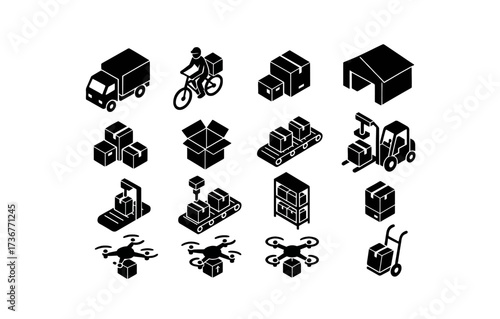 Isometric logistics icons set with delivery, packaging and warehousing elements