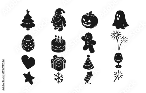 Festive holiday silhouettes: christmas, halloween, and new year icons collection