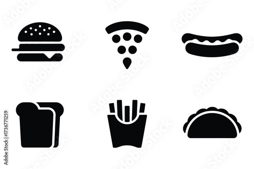 Collection of six classic fast food icons hamburger pizza hot dog sandwich fries taco silhouette