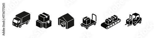 Isometric black icons of logistics and delivery process in modern transportation