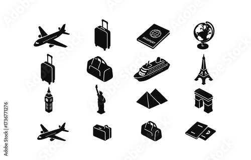 Isometric travel icons featuring landmarks, transportation, and essentials