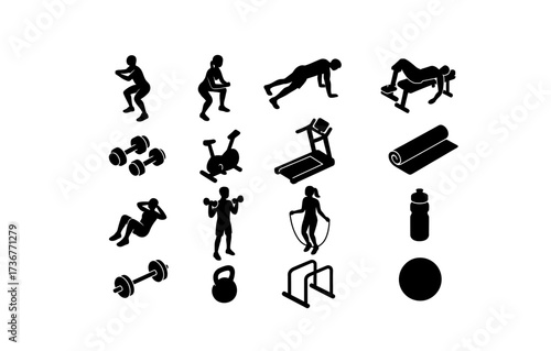 Silhouette gym equipment and exercise icons for fitness inspiration
