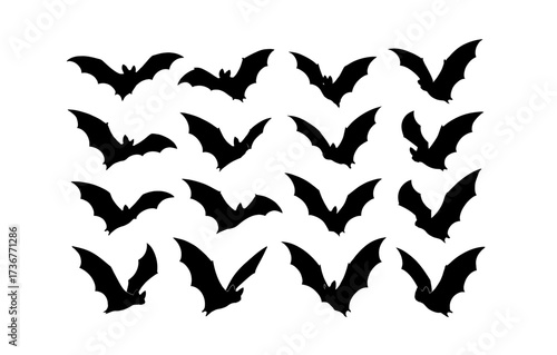 Silhouette design of flying bats pattern on white background
