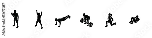 Silhouette fitness workout icons: diverse exercise poses for gym enthusiasts