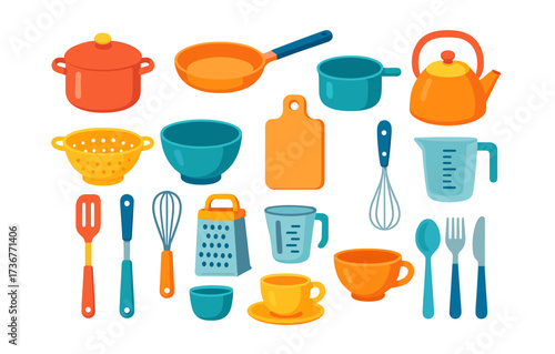 Colorful kitchenware collection with pots, pans, and utensils in flat design