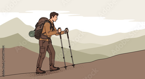 Man hiking on a mountain trail, enjoying the outdoors with gear and trekking poles