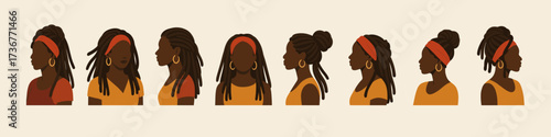 Diverse hairstyles of african american women in flat style profile