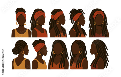 Diverse hairstyles and head wrap variations on women in linear style
