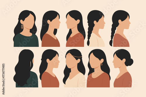 Diverse female avatars in flat design with side and back views