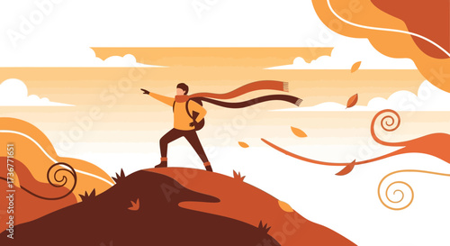 Man hiking towards the horizon in autumn, feeling the energy of the nature