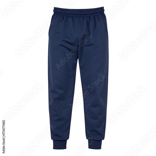 Dark blue sweatpants presented against a completely black background, showcasing the garment's elastic waistband, pockets, and ribbed cuffs, providing a clean  shot of athletic apparel, emphasizing...