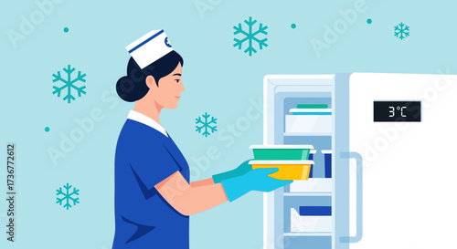 Nurse Prepares Chilled Meal Containers For The Freezer in Professional Healthcare Illustration