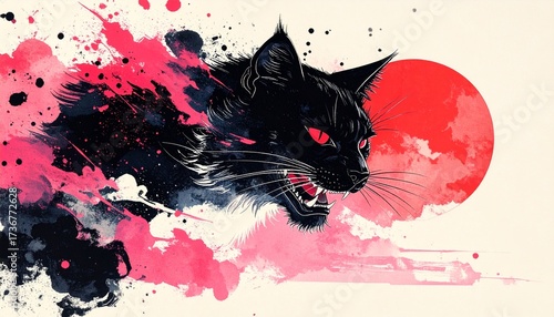Wallpaper Mural Dynamic Black Cat with Red Accents and Ink Splashes Torontodigital.ca