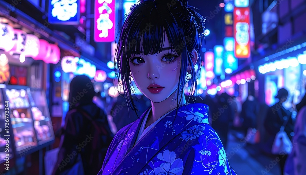 Fototapeta premium Enchanting Night Scene with Woman in Kimono