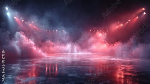 Dynamic red and blue lighting creates an immersive atmosphere in an empty arena during evening hours
