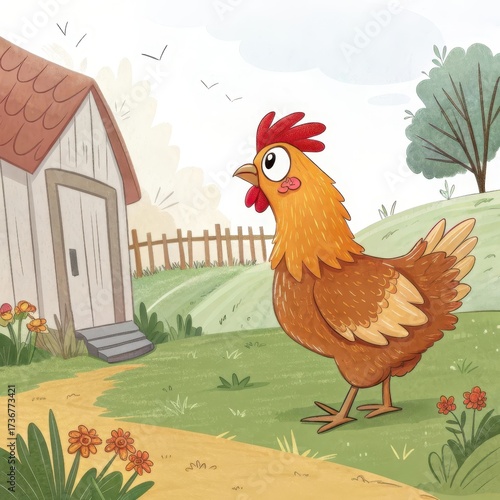Cartoon chicken standing in a yard next to a small house