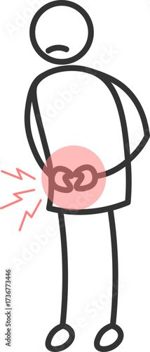 Illustration of stick doll with abdominal pain highlighted in red