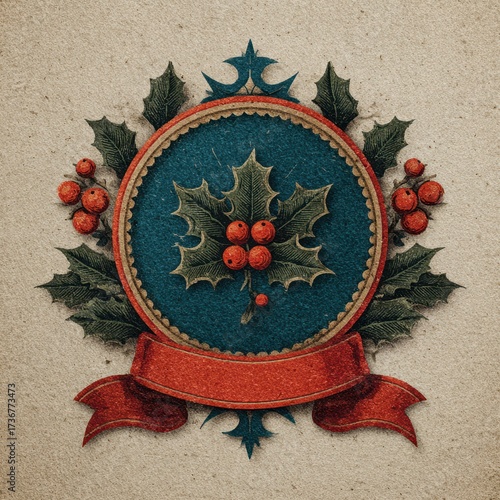 Holiday emblem featuring holly leaves and berries designed for festive celebrations and decorations