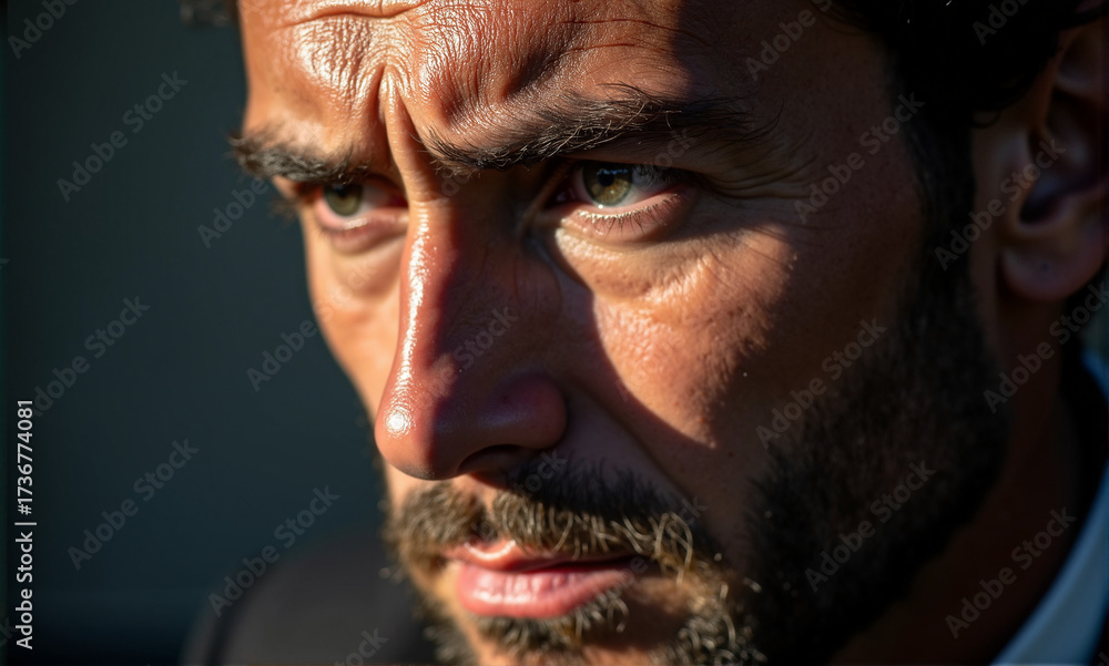 Obraz premium Portrait of man with thoughtful gaze, capturing intensity. Man portrait features a focused expression, highlighting determination and depth, shown in the intense gaze and the beard.