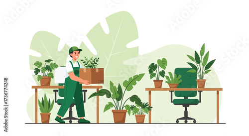 Office worker carrying a box of plants in the office, plants in pots, green concept