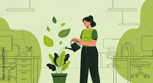 Office worker watering a plant in a modern office with a green background