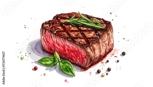 A watercolor illustration of a perfectly grilled, juicy steak with herbs, peppercorns, and basil on a white plate