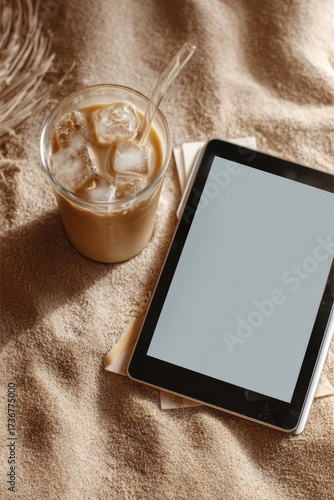 Enjoying a digital planner and refreshing drink on a sandy beach in a sunny afternoon