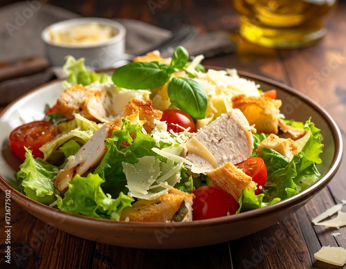 A delectable Caesar salad, showcasing crisp croutons, juicy grilled chicken, and fresh basil, topped with melted parmesan cheese on a rustic wooden table.