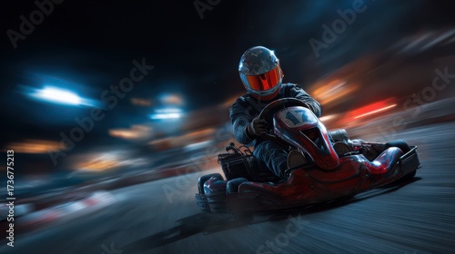 Go-kart racing under desert lights with a glowing helmet and sharp reflections at night
