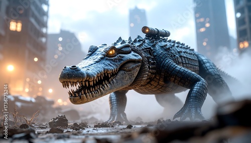 Giant Creature Walking Through Urban Ruins with Glowing Eyes