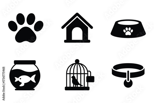Collection of six simple pet care silhouette icons paw print dog house food bowl aquarium bird cage collar