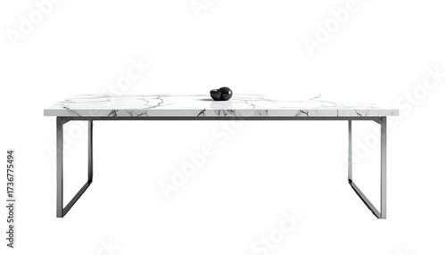 Displaying a marble-top table with a decorative dark orb on a solid black backdrop presents a minimalist, modern aesthetic, highlighting the contrast between the bright tabletop, the black object,...