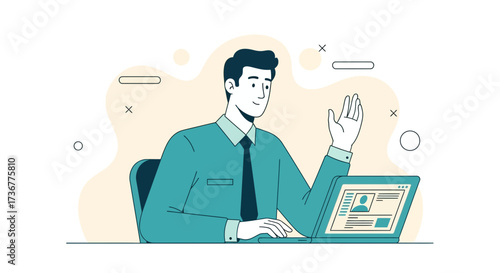 Man in a conference call greeting someone with a laptop, vector illustration style