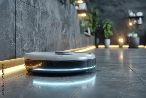 Futuristic robotic vacuum cleaner glides over an empty grey floor with ambient side lighting