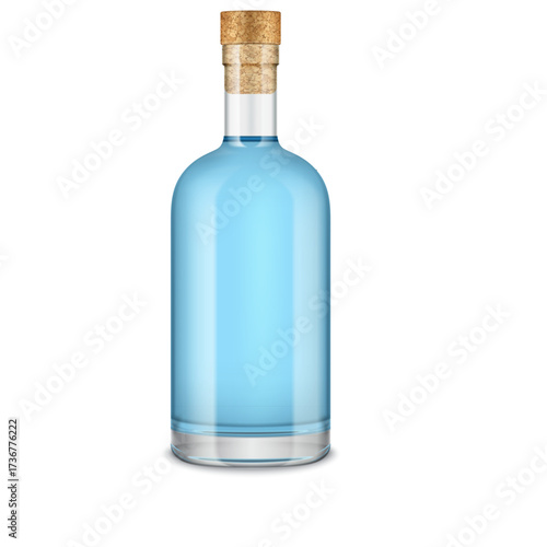 Transparent glass bottle filled with bright blue liquid and sealed with a cork stopper