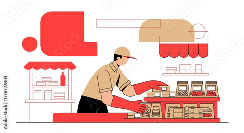 Organized Worker Arranging Food Packaging in an Orderly Shop Presentation