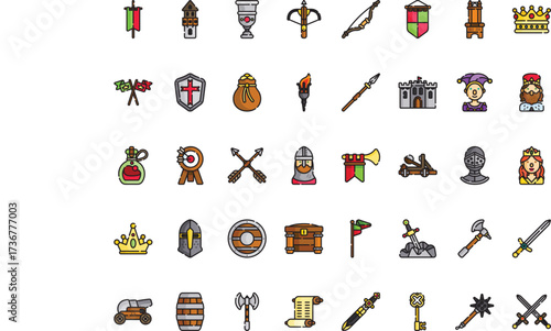 Medieval fantasy Icons Modern Illustration Symbol Design Template for Web and Mobile UI. Editable Stroke Pictogram for Business Projects and Apps.