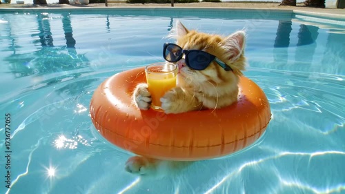 A cat is in a pool with an orange float and a glass of orange juice