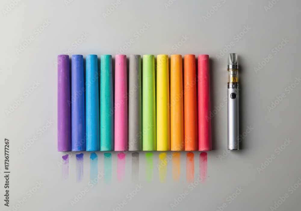 Obraz premium Colorful vape pens and a single silver vape device