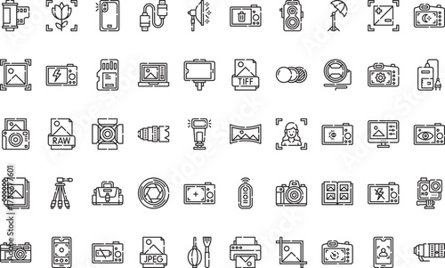 Photography equipment and accessories Icons Modern Illustration Symbol Design Template for Web and Mobile UI. Editable Stroke Pictogram for Business Projects and Apps.