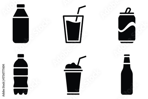 Set of six different beverage icons including bottles cups and a soda can