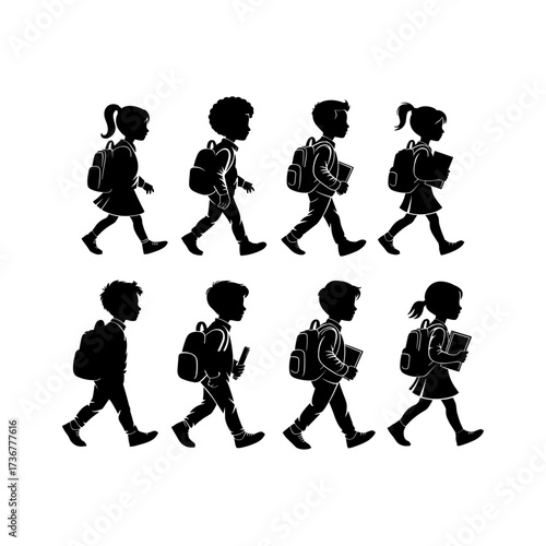 Silhouettes of people or children reading books, Isolated diverse kids with backpacks walking to school, women and children, education concept, learning, knowledge, library scene, study time
