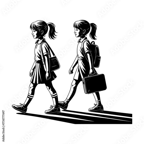 Silhouettes of people or children reading books, Isolated diverse kids with backpacks walking to school, women and children, education concept, learning, knowledge, library scene, study time
