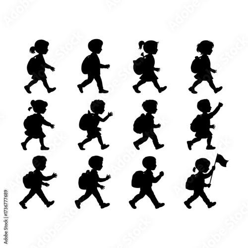 Silhouettes of people or children reading books, Isolated diverse kids with backpacks walking to school, women and children, education concept, learning, knowledge, library scene, study time