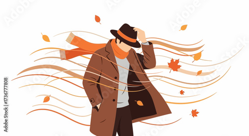 Man in Autumn Wind Holding Hat and Surrounded by Falling Leaves Weather Illustration