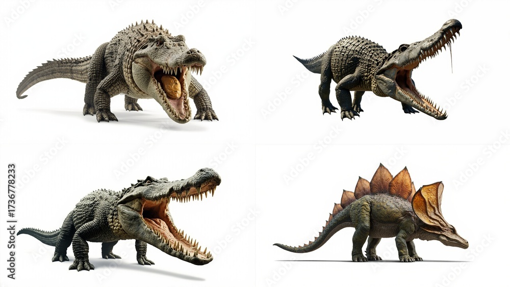 Fototapeta premium A set of four different types dinosaurs background expression creative scene frame illustration backgrounds colorful layers composition cartoonish design movement motion style gesture