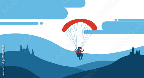 Paragliding illustration showing a person enjoying a tandem flight over beautiful valleys