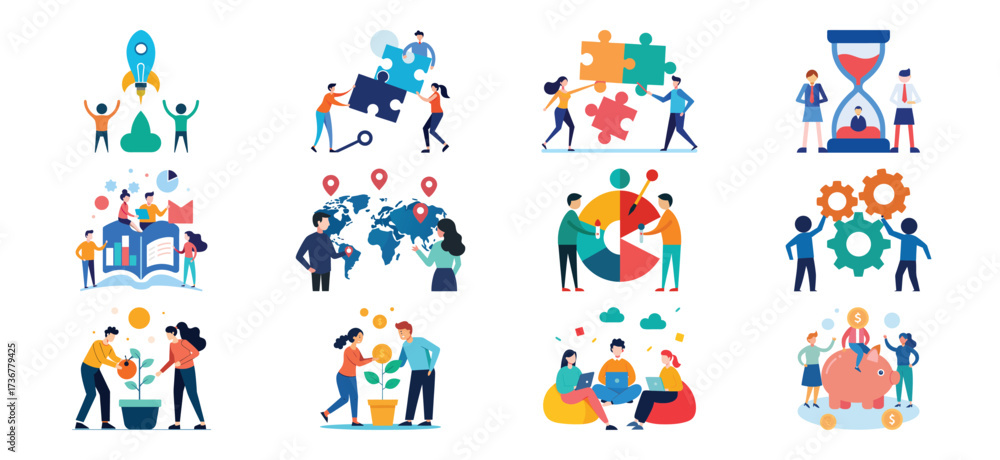 Naklejka premium Collection of Business Concepts and Teamwork Illustrations with People Working Together