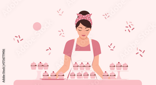 Pastry Chef And Sweet Cupcakes Displayed For A Delightful Celebration, Artistic Vector